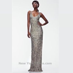 Theia Gold Sequin & Beaded Sleeveless Gown